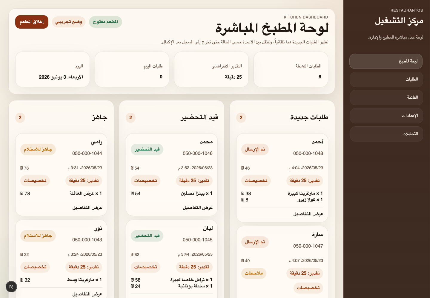 لوحة إدارة طلبات المطعم